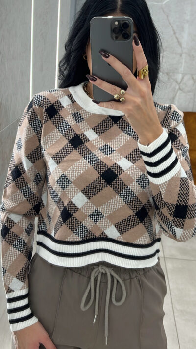 Πλεκτή Μπλούζα Καρό/Μπεζ
