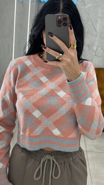 Πλεκτή Μπλούζα Καρό/Ροζ