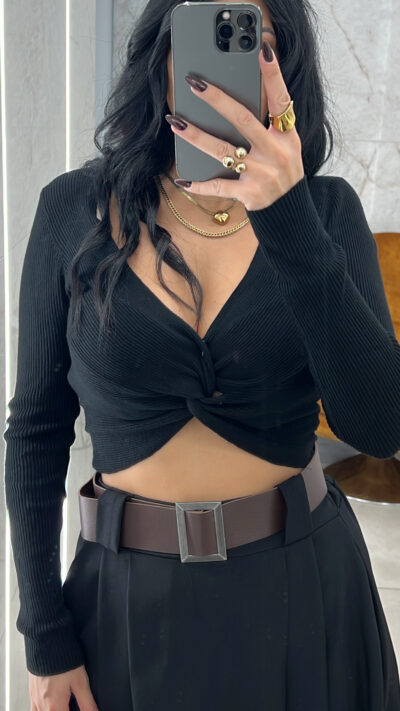 Crop Top Πλεκτό με Κόμπο/Μαύρο