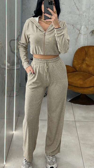 Σετ Φόρμας Ζακέτα Strass-6682/Μπεζ