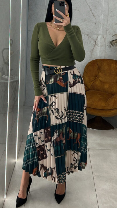 Πλισέ Φούστα με Σχέδιο & Ζώνη/Πράσινο