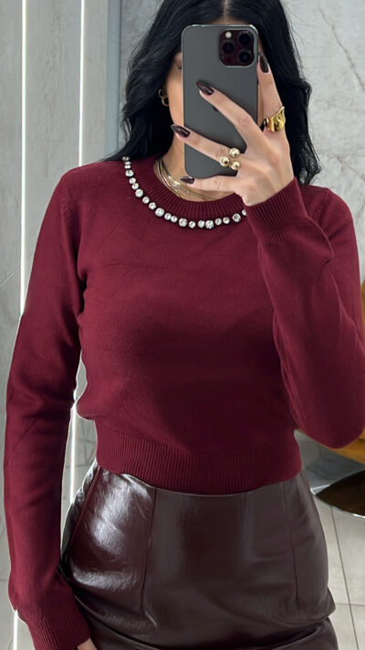 Crop Πλεκτό με Strass/Μπορντό