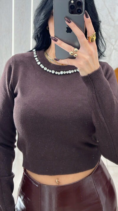 Crop Πλεκτό με Strass/Καφέ