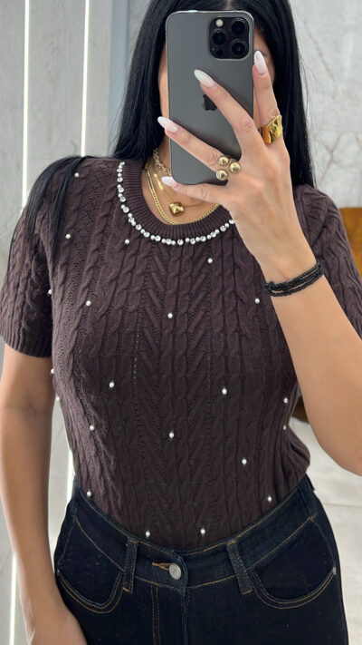 Πλεκτή Μπλούζα Πέρλες/Καφέ