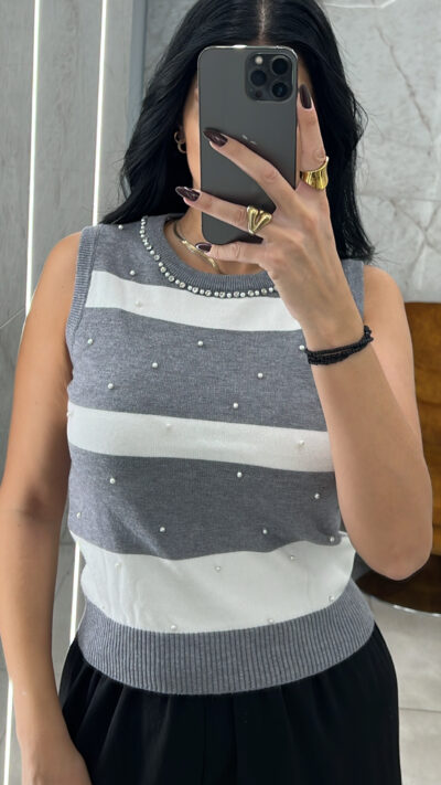 Μπλούζα αμάνικη πλεκτή με πέρλες/Γκρι