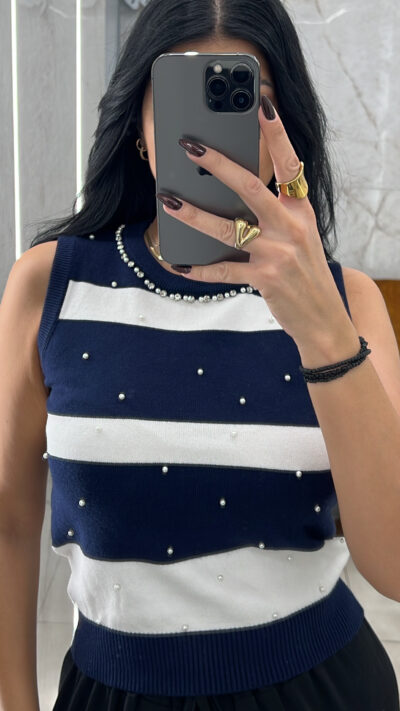 Μπλούζα αμάνικη πλεκτή με πέρλες/Μπλε