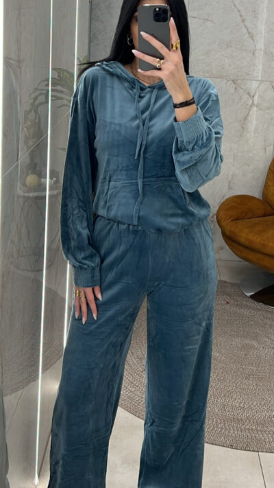 Σετ Φόρμας Βελουτέ με Κουκούλα 3672/Πετρόλ