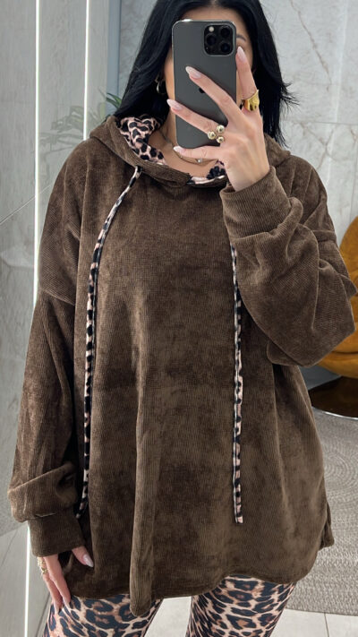 Μπλούζα Κοτλέ με Κουκούλα 19652/Καφέ