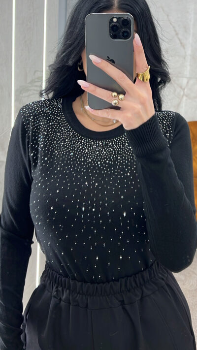 Μπλούζα Πλεκτή με Στρας G293/Μαύρη