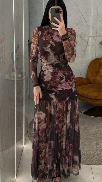 Φόρεμα floral με διαφάνεια/Καφέ