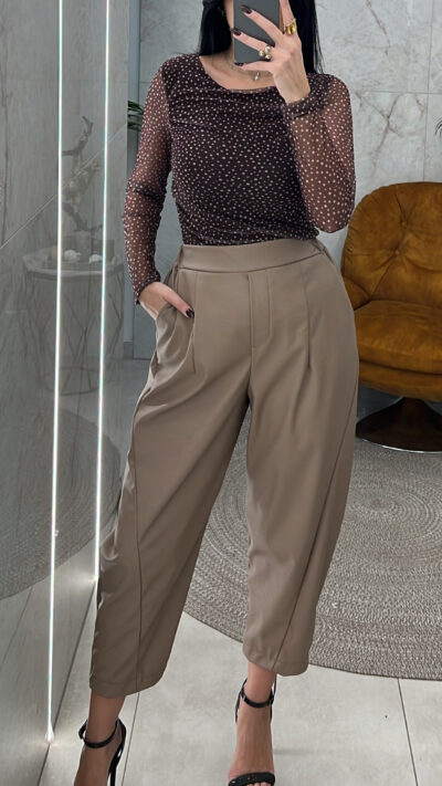 Παντελόνι δερματίνη baggy 9516/Μπεζ