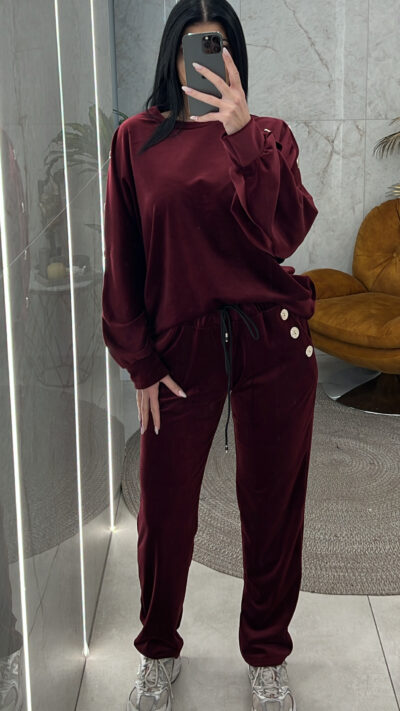 Βελουτέ Σετ Φόρμας με Κουμπιά/Μπορντό