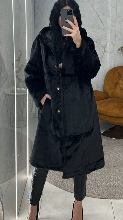 Γούνα με κουκούλα 24183/Μαύρο