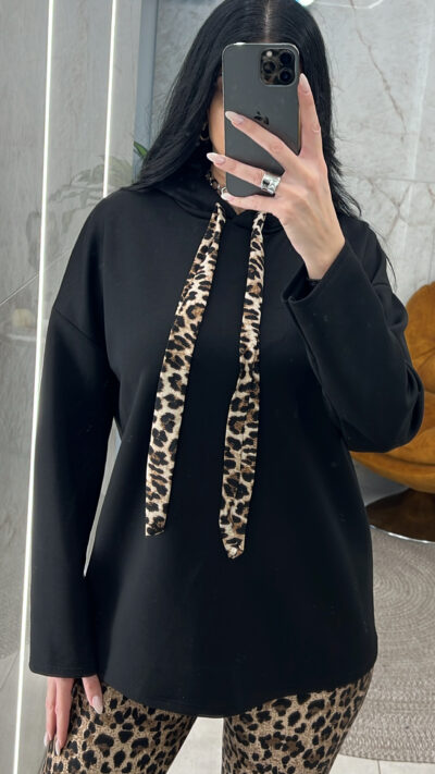 Μπλούζα Φούτερ με Λεοπάρ κορδόνι 15126/Μαύρο