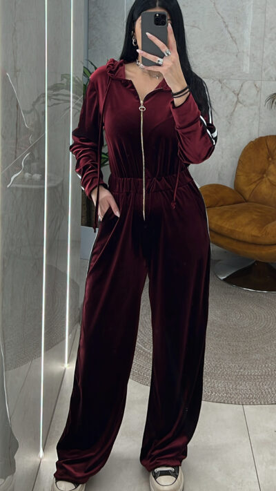 Ολόσωμη Φόρμα Βελουτέ με Ρίγα 5852/Μπορντώ