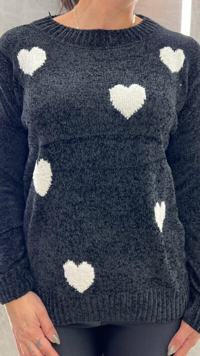 Μπλούζα Σενίλ με Καρδιές 5527/Μαύρο