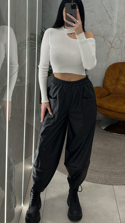 Παντελόνι σαλβάρι δερματίνη 3197/Μαύρο