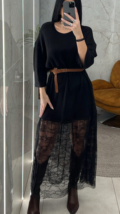 Φόρεμα Πλεκτό με Δαντέλα 4803/Μαύρο