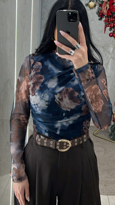 Μπλούζα Floral με Διαφάνεια 0665/Μπλε