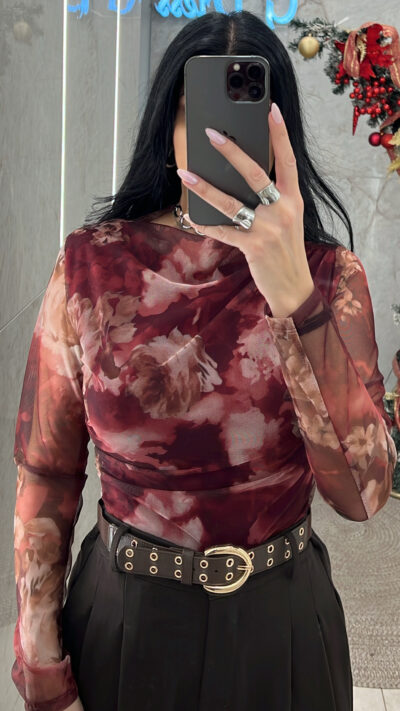 Μπλούζα Floral με Διαφάνεια 0665/Μπορντώ