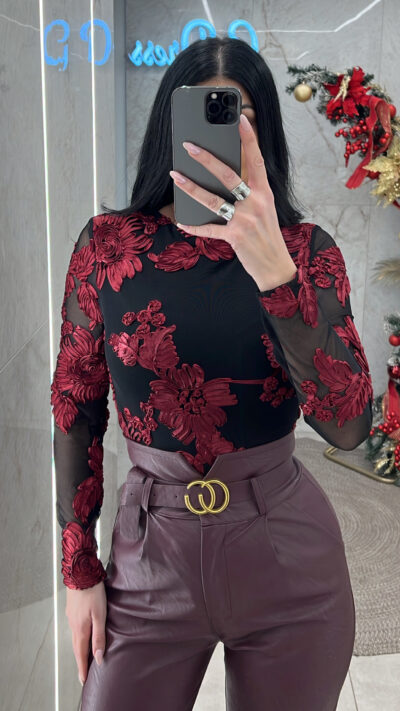 Κορμάκι με ανάγλυφα λουλούδια 35449/Μπορντό