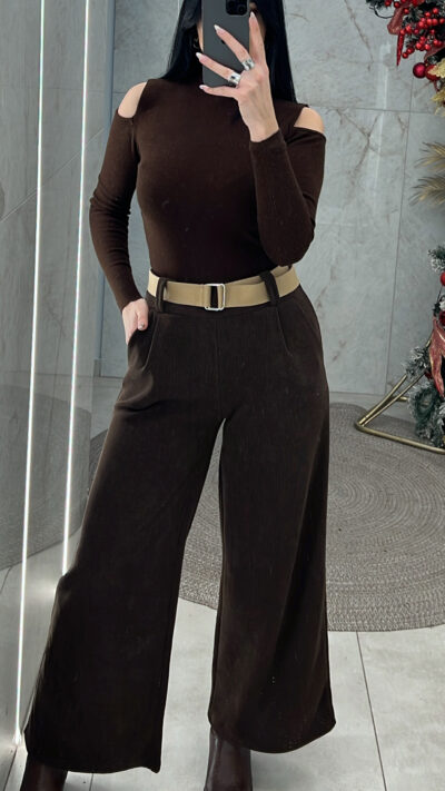 Παντελόνα ψηλόμεση κοτλέ 24557/Καφέ