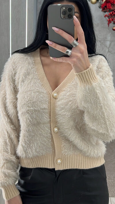 Ζακέτα  Μοχέρ με ασημοκλωστή K6872/Μπεζ