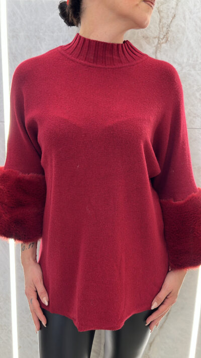 Μπλούζα πλεκτή με γούνινα μανίκια MS1039/Μπορντώ
