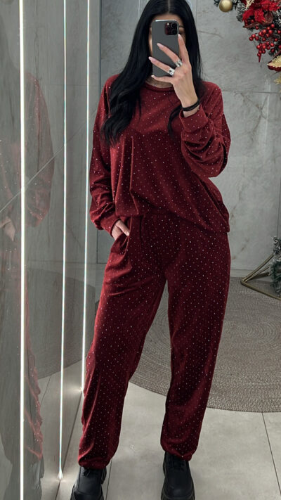 Φόρμα με στρας βελουτέ 15819/Μπορντώ