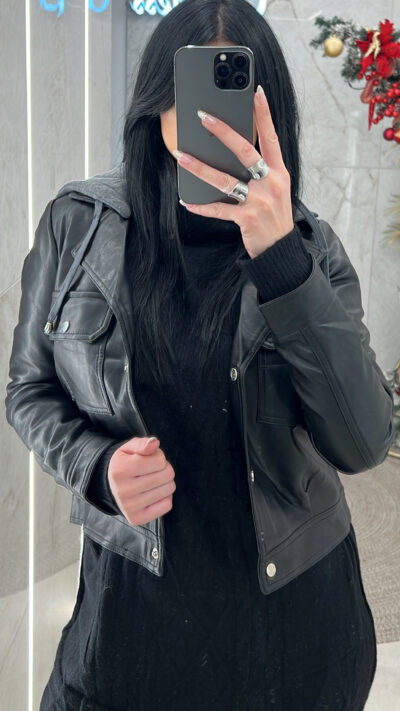 Τζάκετ δερματίνη με κουκούλα φούτερ 63197