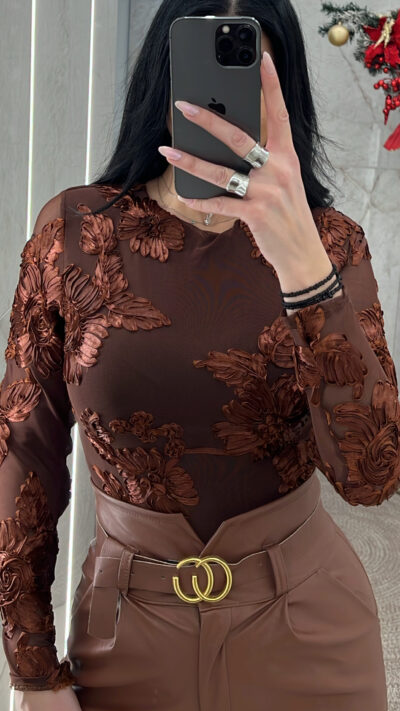 Κορμάκι με ανάγλυφα λουλούδια 35449/Καφέ