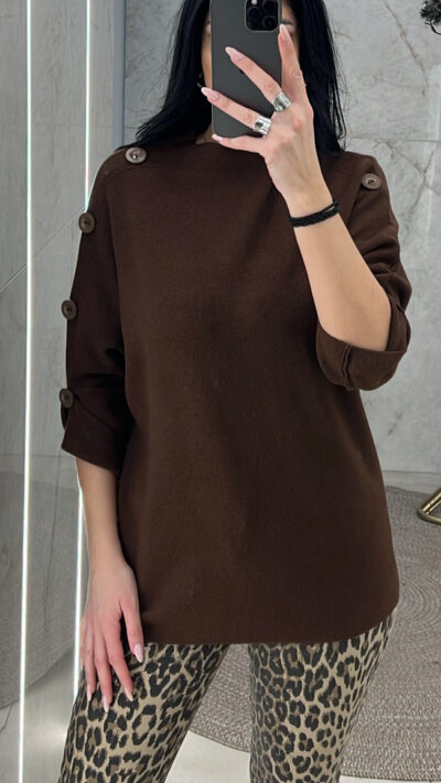 Μπλούζα πλεκτή oversized με κουμπιά 258214/ Καφέ