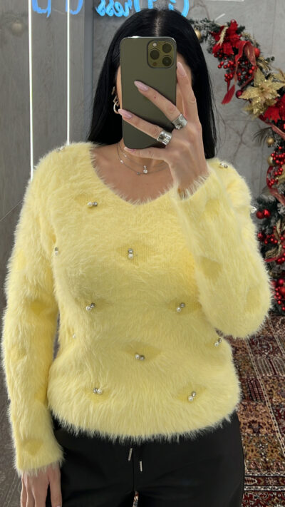 Μπλούζα μοχέρ με πέρλες/Κίτρινο