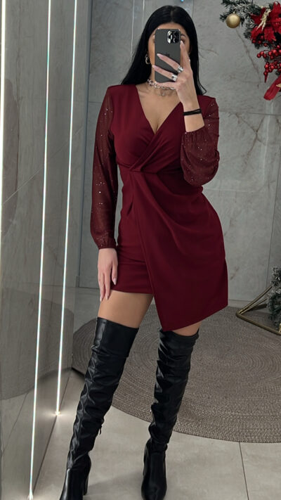 Φόρεμα με μανίκια glitter 2896/Μπορντό