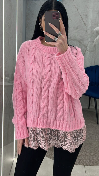 Μπλούζα πλεκτή με δαντέλα 33882/Ροζ