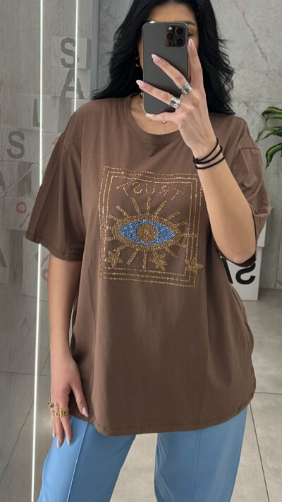 Oversized Μπλούζα Με Στάμπα Κ842/ Καφέ