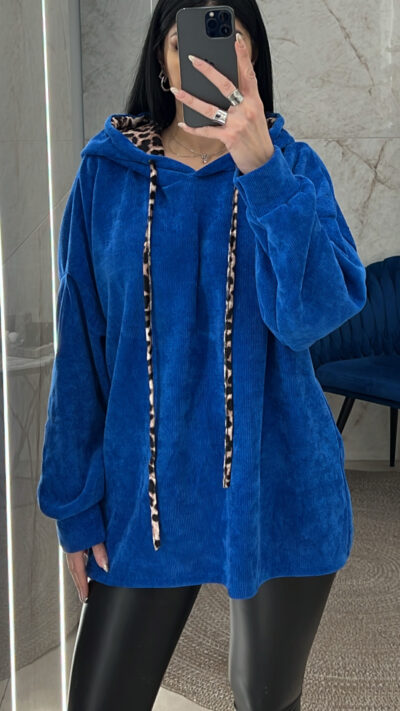 Μπλούζα κοτλέ με κουκούλα και λεπτομέρειες animal print 19652/Μπλε