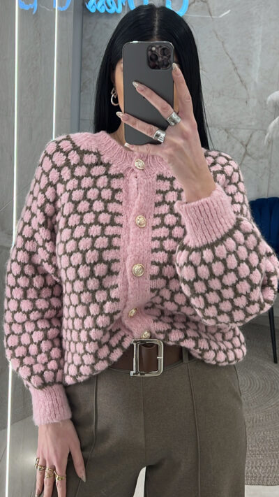 Ζακέτα πλεκτή 319335/Ροζ-Καφέ