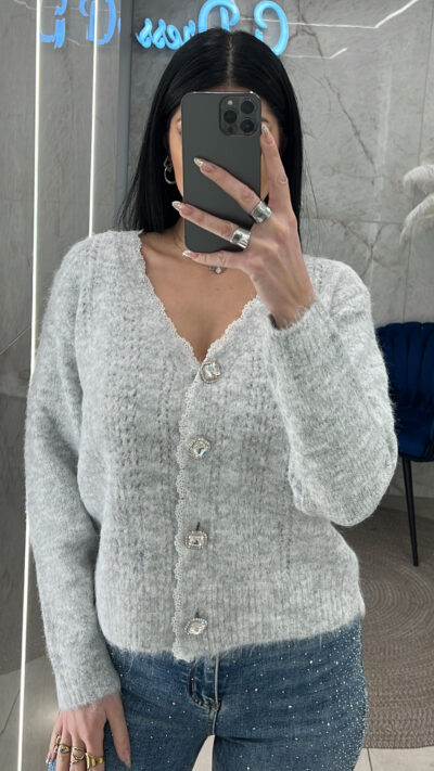 Ζακέτα πλεκτή με λεπτομέρειες δαντέλας 8258/Γκρι