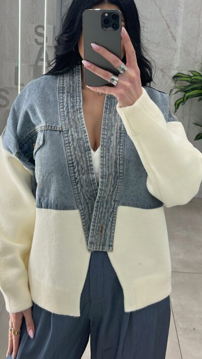 Oversized Τζάκετ Τζίν Με Πλεκτό 6022/ Λευκό