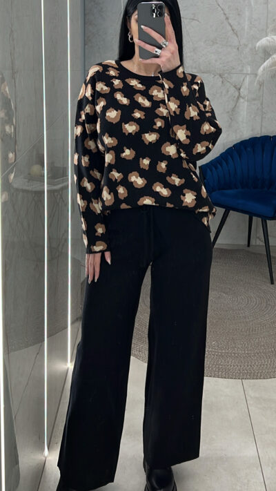 Σετ πλεκτό με λεοπάρ Μπλούζα 25361/Μαύρο