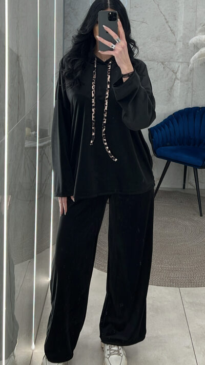 Σετ φόρμας βελουτέ με λεοπάρ λεπτομέρειες 2244/Μαύρο