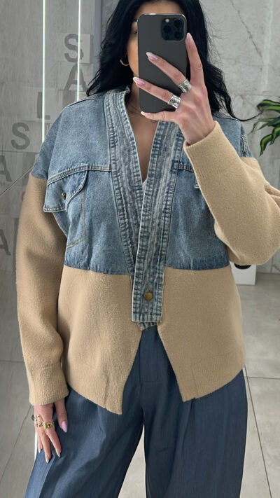 Oversized Τζάκετ Τζίν Με Πλεκτό 6022/ Μπέζ