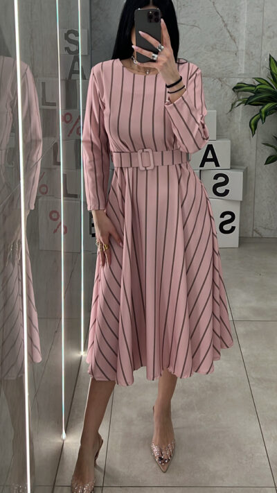 Φόρεμα Ριγέ Με Ζώνη 8365/ Ρόζ