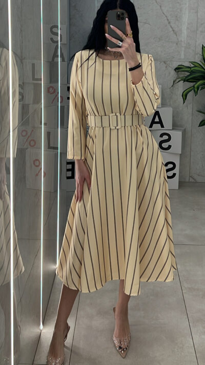Φόρεμα Ριγέ Με Ζώνη 8365/ Κίτρινο