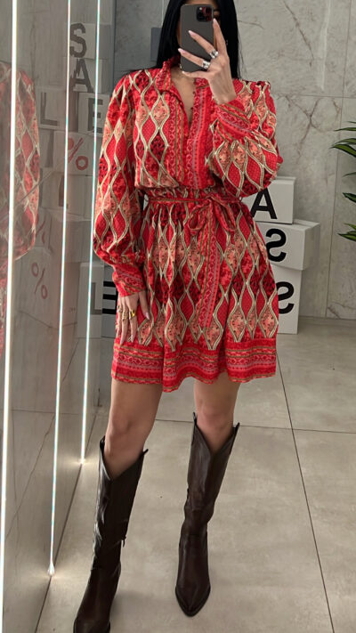 Φόρεμα εμπριμέ κοντό FOR280945/Κόκκινο