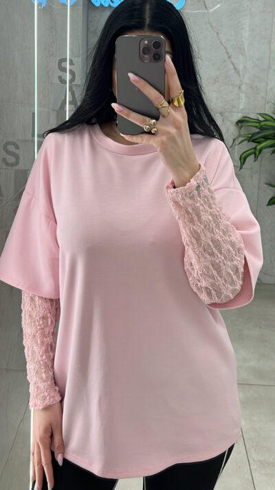 Μπλούζα Με Μανικι Δαντέλα 25695/Ρόζ