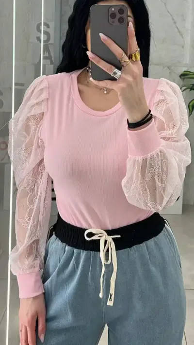 Μπλούζα Με Μανίκι Δαντέλα 22786/Ρόζ