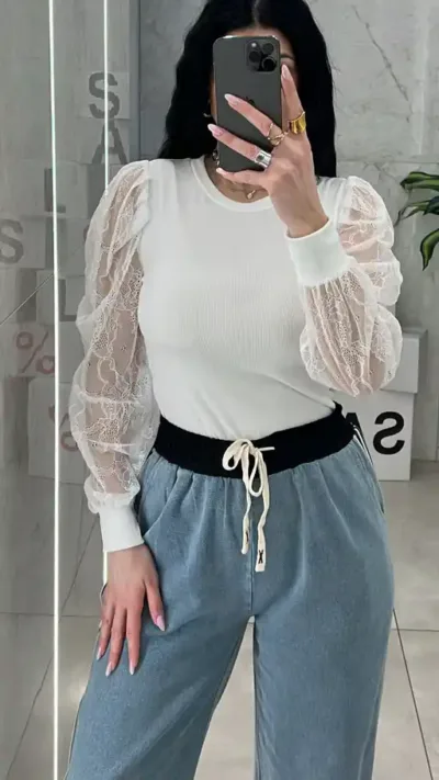 Μπλούζα Με Μανίκι Δαντέλα 22786/Λεύκο