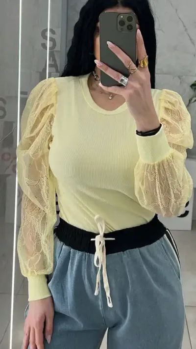 Μπλούζα Με Μανίκι Δαντέλα 22786/Κίτρινο